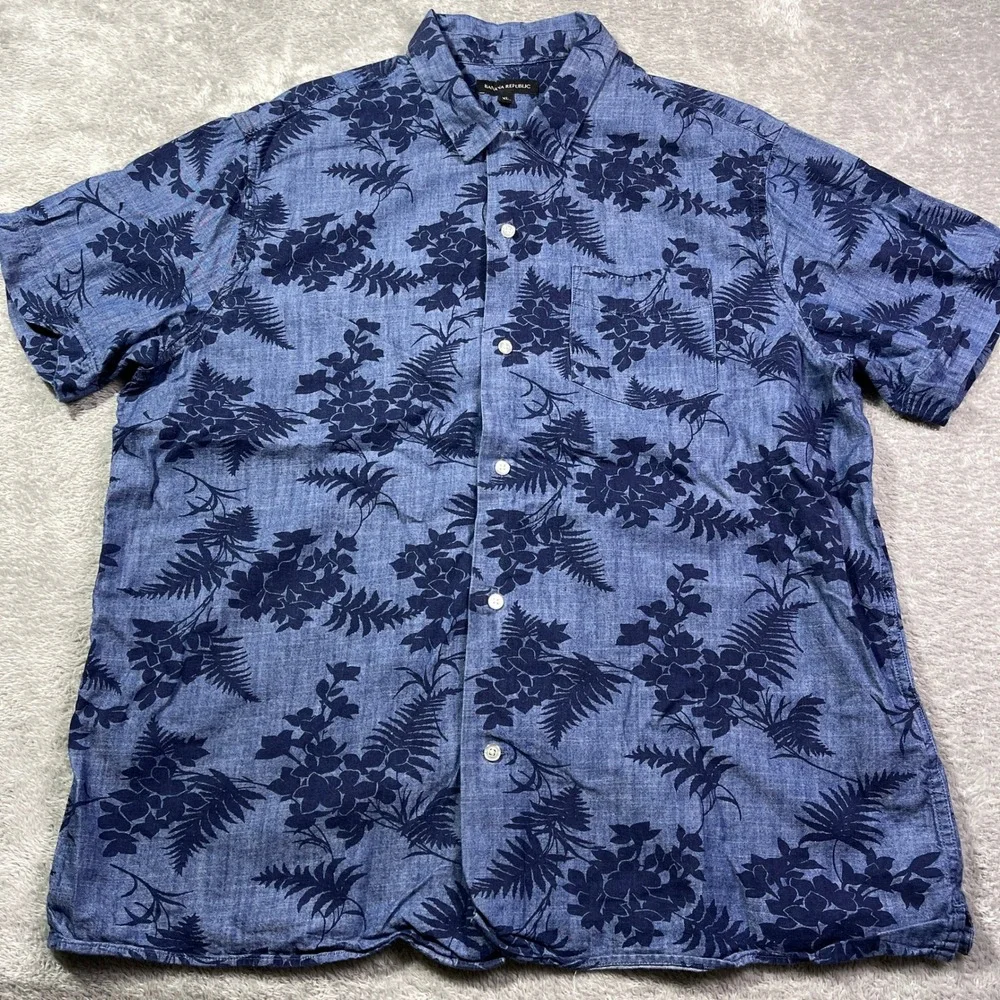 Banana Republic Floral Button‎ Down Shirt Men's XL Short Sleeve Blue Hawaiian